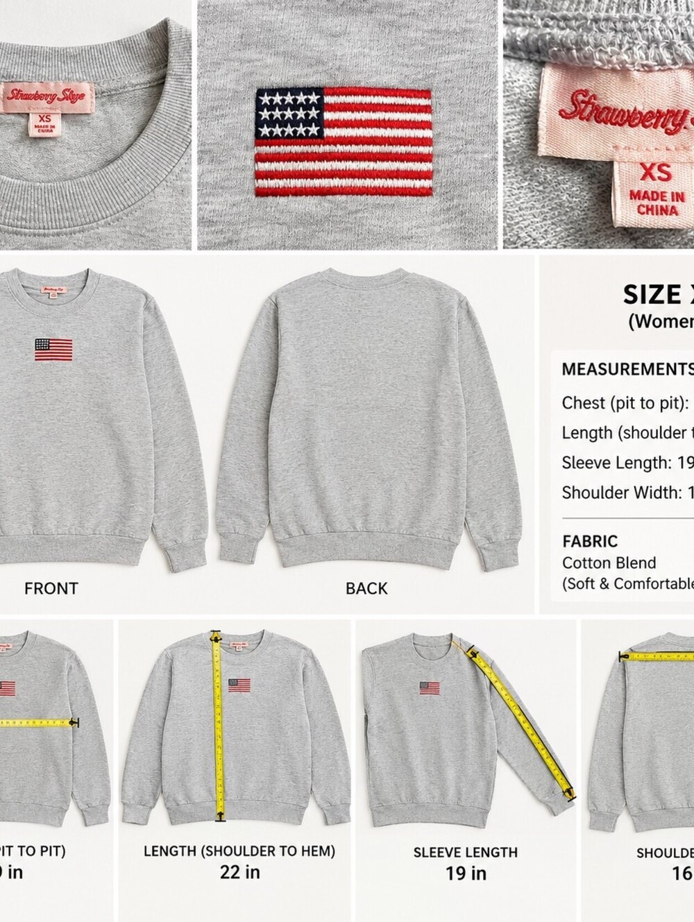 Strawberry Skye Women's XS Gray Sweatshirt with American Flag Embroidery
